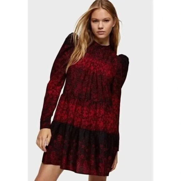 Topshop Size 2 Tiered Hem Long Puff Sleeve Shift Mini Dress Floral Red Black NEW - Picture 2 of 11